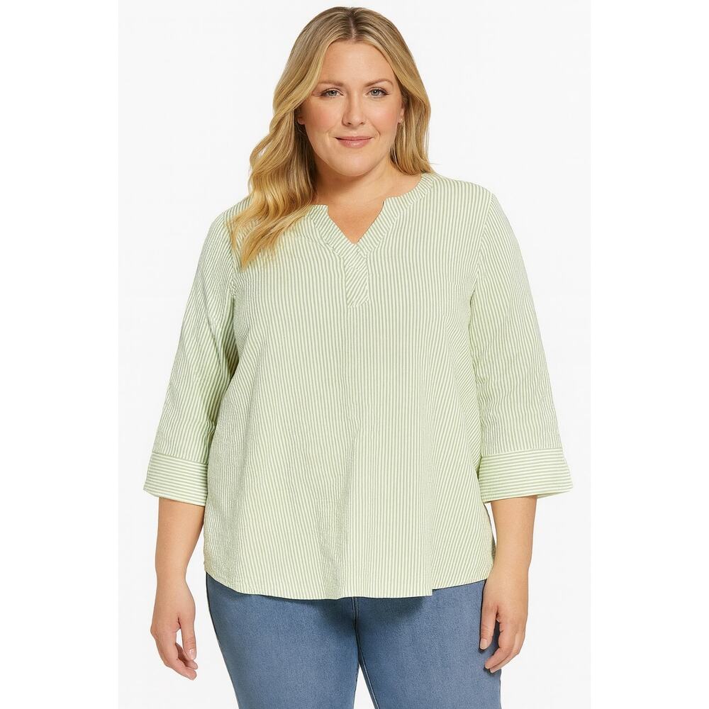Joan Rivers Knit Seersucker 3/4-Sleeve Pullover Top - Green and White, Size XL
